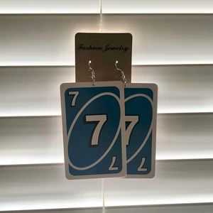 Blue uno card dangle earring